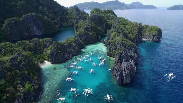 Small Lagoon in Palawan, Sightseeing Place. Tour A in El Nido, Philippines. Beautiful Landscape and Sea in Background. Drone