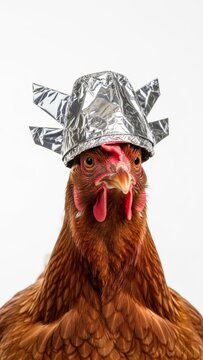 chicken wearing a tinfoil hat, paranoid, paranoia, on a white background, animal photo