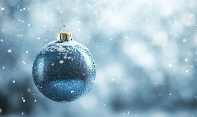 Blue christmas bauble covered in snow flakes, hanging against a soft winter background with twinkling bokeh lights