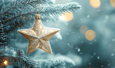 Golden star ornament hanging on a snow-covered fir tree branch with falling snow and bokeh lights, symbolizing winter holidays
