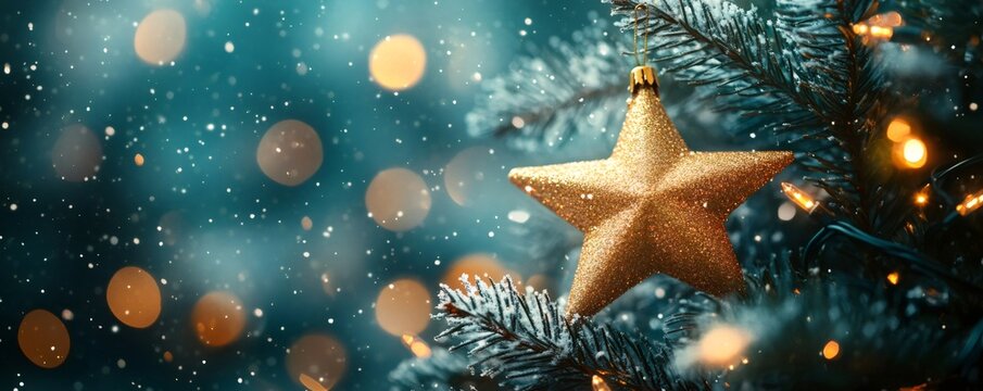 Glittering gold star hanging on frosted evergreen branch with warm lights and falling snow, creating a festive holiday backdrop - Powered by Adobe