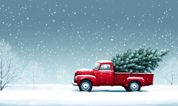 Vintage red pickup truck driving in a snowy winter landscape, transporting a fresh christmas tree for holiday celebrations