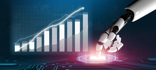 A robotic hand reaches out to engage with digital graphs and data, symbolizing technological advancement and growth in analytics and automation sectors. Impute