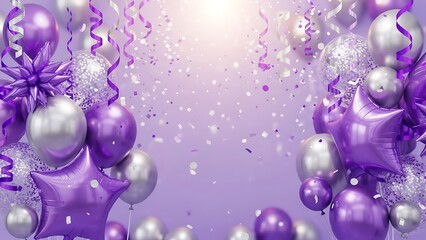 Festive purple and silver balloons and confetti celebration background