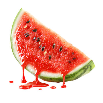 Watercolor watermelon slice png, juicy red fruit illustration with dripping juice, isolated transparent cutout for summer design