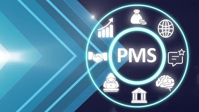 PMS Property management system concept software related to apartment, hotel and hospitality management software. showing PMS icons on virtual screen.