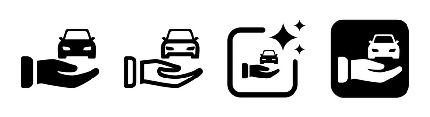 Vehicle management icon with car in hand representing renting in black vector illustration