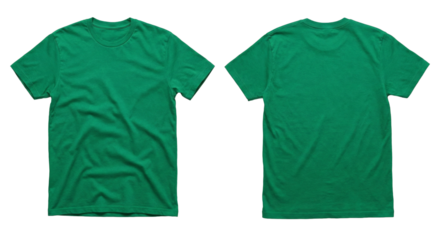 Blank green men's t-shirt mockup, front and back view, isolated on grey background. Realistic cotton tee template for design, branding, and print.