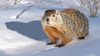 Obraz premium Groundhog Day outdoor scene with cute rodent, festive decorations, and winter charm