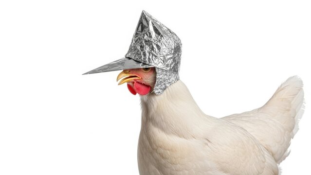 chicken wearing a tinfoil hat, paranoid, paranoia, on a white background, animal photo