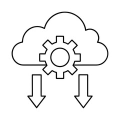 Cloud computing with gear and downward pointing arrows