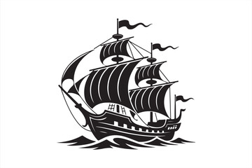 Pirate style sailing ship monochrome silhouette illustration