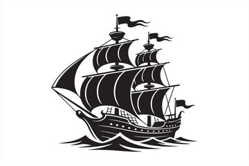 Classic nautical sailing vessel black silhouette illustration
