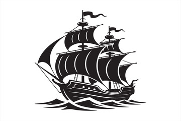 Vintage sailing ship silhouette vector isolated on white