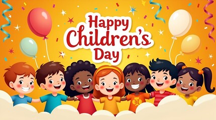 Festive Happy Children’s Day banner on orange backdrop, smiling cartoon kids, playful border elements