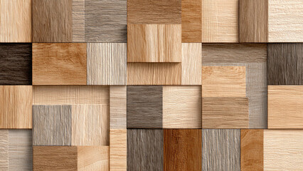 Dynamic mosaic of varied wood textures and tones, creating a modern geometric pattern with a subtle 3D effect. Rich, natural, and appealing.