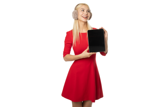 Smiling girl showing tablet