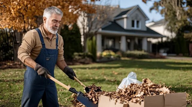 Man gathers fallen leaves in a sunny yard near his home during autumn, enjoying outdoor work and clear weather