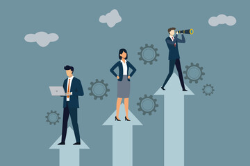 Successful businessman and his team standing at arrows and looking with the telescope for new business opportunities. New business, start up Business concept illustration