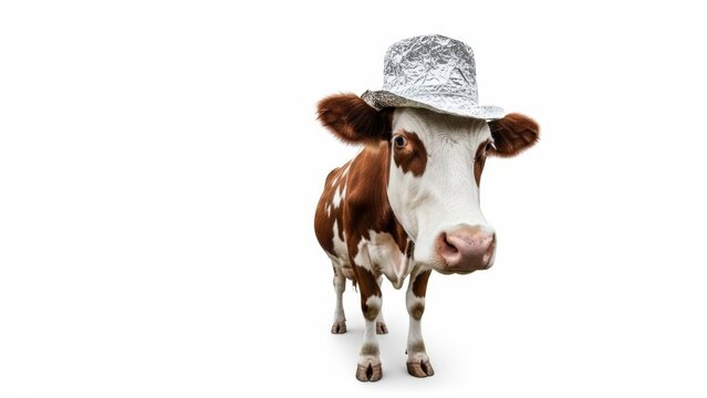 cow wearing a tinfoil hat, paranoid, paranoia, on a white background, animal photo
