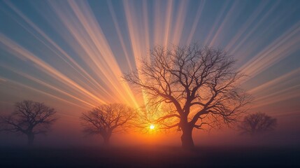 A serene view of trees silhouetted against a vibrant sunrise sky with sun rays beaming down.