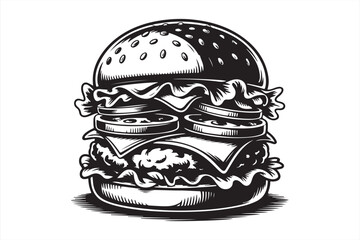 Juicy burger black and white illustration isolated on white background, hand drawn fast food sandwich with beef patty, cheese and lettuce for restaurant, menu, cafe and food branding concepts
