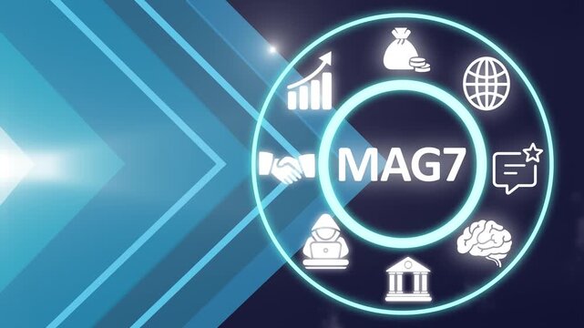 MAG7 acronym. The Magnificent Seven stocks are a group of high performing and influential companies in the U.S. stock market. Business concept background, motion graphics. 4K