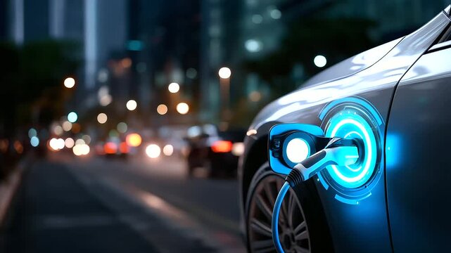 Electric vehicle charging on street parking with graphical user interface display future EV car concept smart charging technology urban mobility digital interface connected