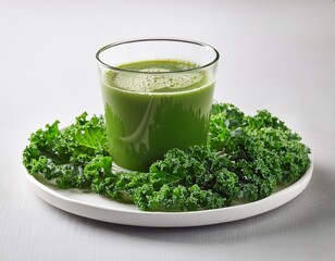 green kale juice smoothie and fresh kale leaves on a white plate