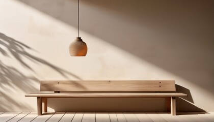 Obraz premium minimal matte plaster wall flat and neutral background with wooden bench and pendant light casting warm shadows
