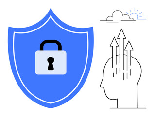 Cybersecurity concept. Shield with lock protection, and head with arrows innovation. Cybersecurity ensures data integrity and innovation in technology. Use for tech, business, and security