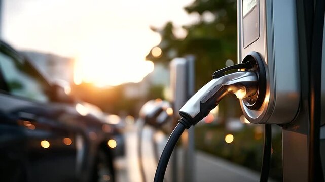 View of electric car charging column with partial view of car in defocused background EV charging infrastructure power supply station sustainable transportation modern charging