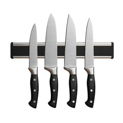 Kitchen knives on magnetic rack on white background