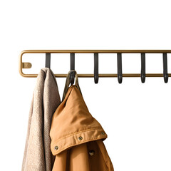 Minimalist coat rack with garments on white background