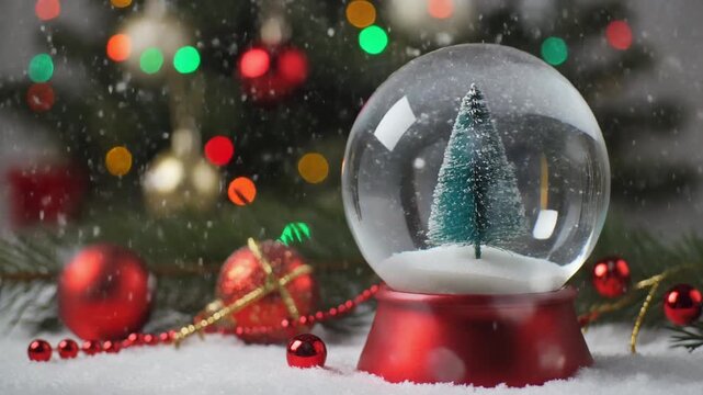 The snow globe with Christmas tree inside. Christmas themed background 
