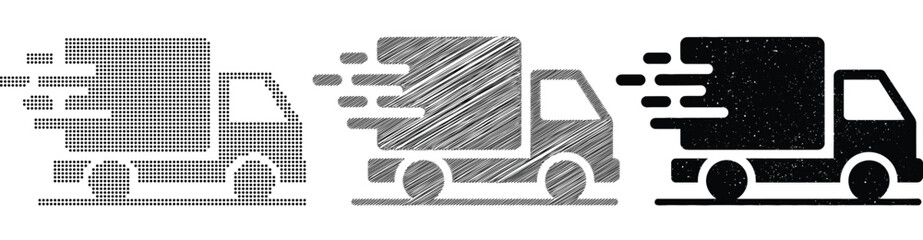 Three delivery trucks in different graphic styles on a white background © suman