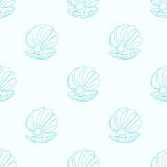 Seamless pattern with line art seashells and pearls. Ideal for textiles, wallpapers, and ocean-themed designs.