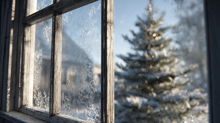A frosty window pane with a Christmas tree visible outside,