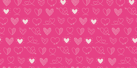 Valentine's Day icons, pattern. Hearts, arrows, drawings, and doodles. Hand-drawn. Seamless colored background. Set of outline drawings. Wedding design. Festive repeating background.