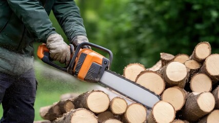 Chainsaw is used to cut firewood from logs in a forest area, showcasing skilled wood cutting on a bright autumn day