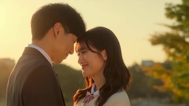 A man and a woman lean closer together in a warm embrace, their foreheads nearly touching as the golden sunlight bathes them. The charming scene captures a moment of connection ami
