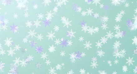 Gentle light blue and mint gradient background with soft focus falling white and purple snowflakes creating serene winter mood