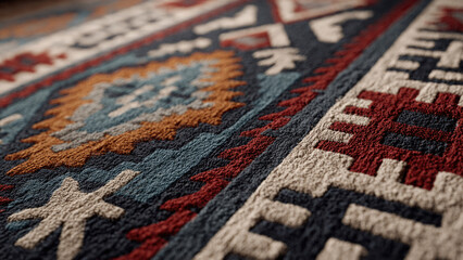 Fototapeta premium Textured close-up: vibrant geometric rug. Features tribal patterns in deep blues, reds, oranges, and cream. Showcases intricate weaving, plush surface.