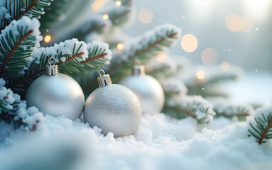 Magical winter Christmas scene with white balls, glowing bokeh, and snowy fir branches, creating an  festive atmosphere. New Year's card template