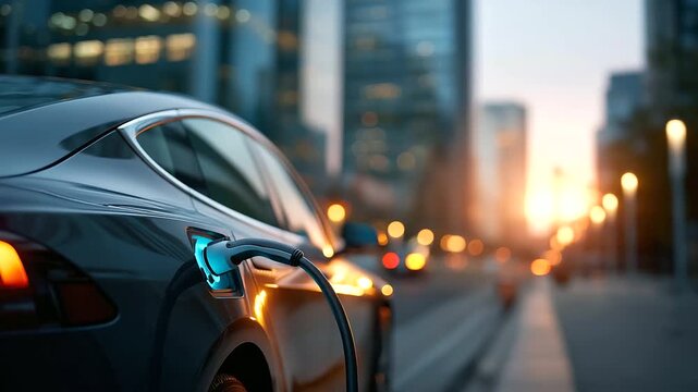Power supply connect to electric car to add charge to battery charging technology industry transport future of automobile defocused city background urban mobility sustainable