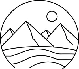 Minimalist line art illustration of mountains and sun. isolated on transparent background