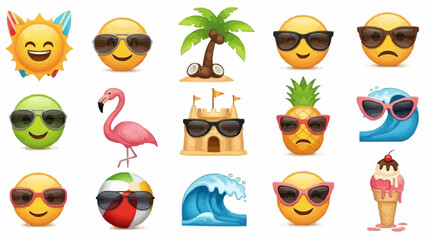 Collection of summer themed emojis including sun, palm tree, flamingo, and ice cream cone wearing sunglasses