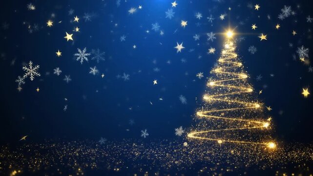 Glowing gold Christmas tree animation with particles lights stars and snowflakes on blue.