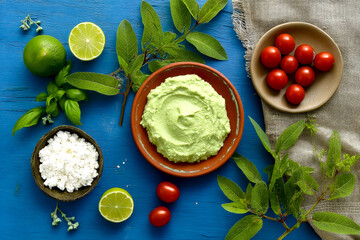 Healthy breakfast arrangement featuring avocado spread and fresh curd. Top view of vegetarian ingredients and citrus fruit.