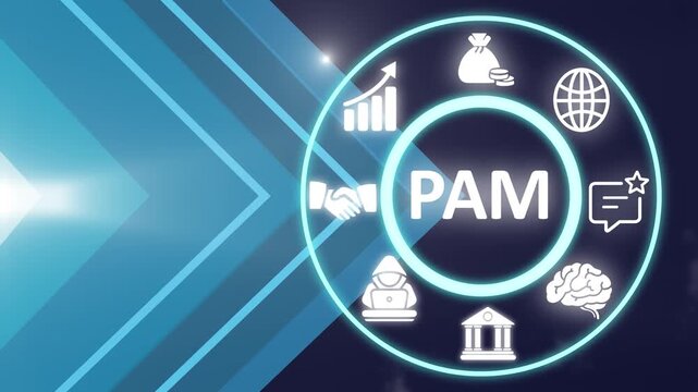 PAM acronym, privileged access management system concept, software is a cybersecurity solution designed to secure and manage privileged accounts within an organization. Business concept background.